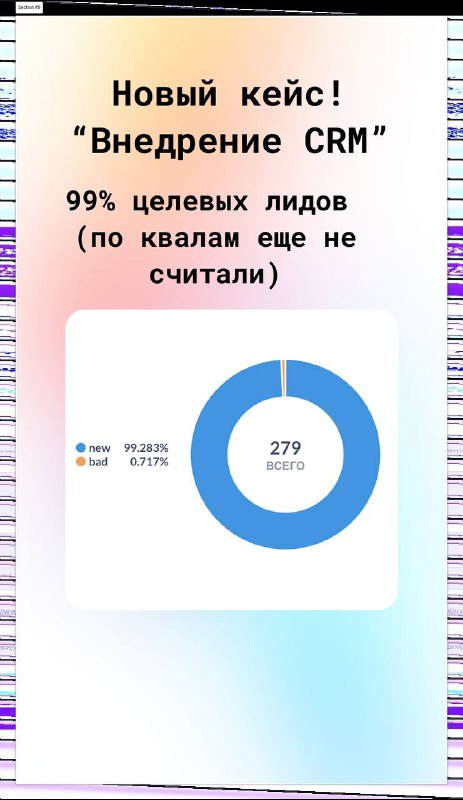 Кстати, у нас появились новые классные кейсы😎Авитологи и Интеграторы CRM, никогда бы не подумал 🙆‍♂️У первых какой-то аномальный % квалифицированных лидов, а у вторых 99% целевые запросы. У авитологов средняя конверсия из лида в продажу 8%, т.е примерно 8 продаж сделал клиент за месяц с нами, при среднем чеке 200К.CPL ~ 240 рублей.Кстати, у нас появились новые классные кейсы😎Авитологи и Интеграторы CRM, никогда бы не подумал 🙆‍♂️У первых какой-то аномальный % квалифицированных лидов, а у вторых 99% целевые запросы. У авитологов средняя конверсия из лида в продажу 8%, т.е примерно 8 продаж сделал клиент за месяц с нами, при среднем чеке 200К.CPL ~ 240 рублей.